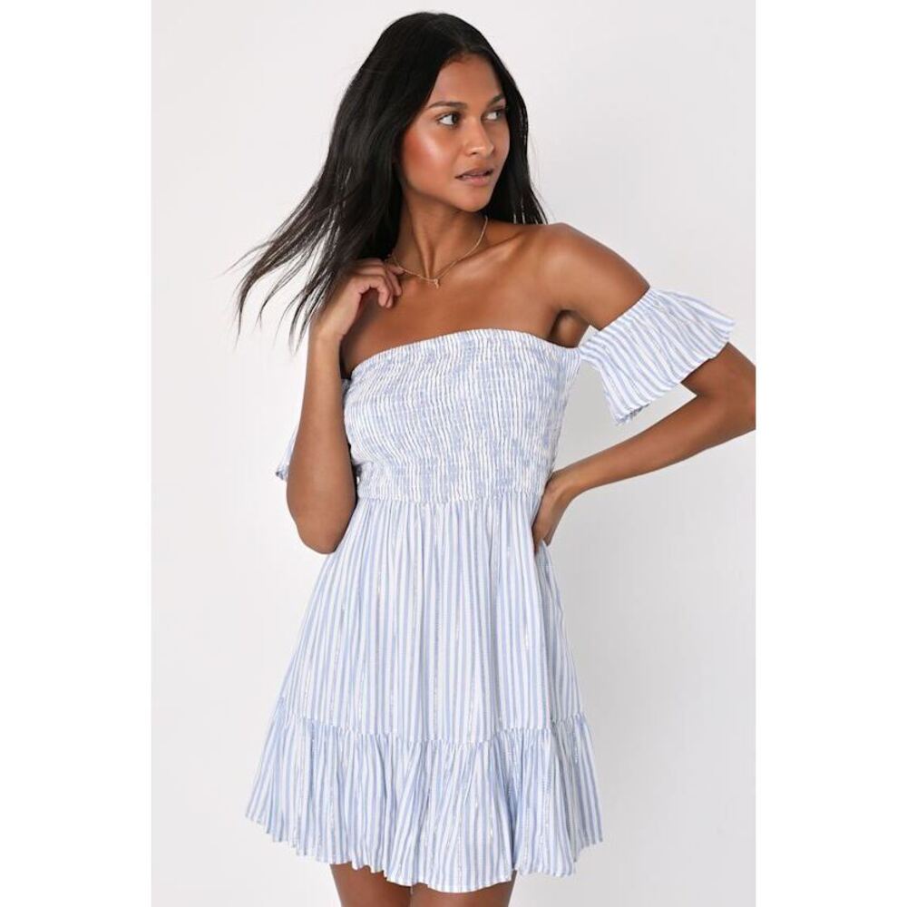 Lulus Darling Romantic Blue Striped Smocked Off-the-shoulder Dress - Size S